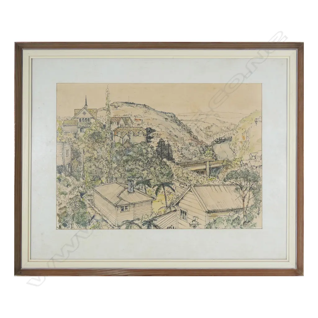 IAN REID, TINAKORI RD, WELLINGTON, SKETCH ON PAPER, HAND-COLOURED, SIGNED & DATED 1970, 340 x 480mm Image 1++