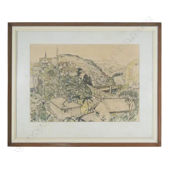 IAN REID, TINAKORI RD, WELLINGTON, SKETCH ON PAPER, HAND-COLOURED, SIGNED & DATED 1970, 340 x 480mm