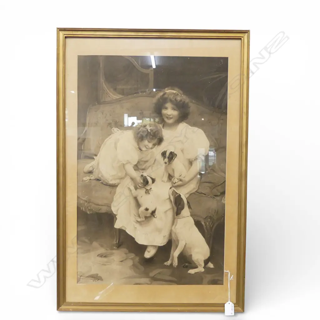 EDWARDIAN ARTHUR ELSLEY PRINT GIRLS & DOGS 610 X 400mm Image 1++