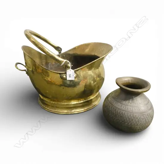 BRASS COAL BUCKET + INDIAN BRASS VASE H.150mm
