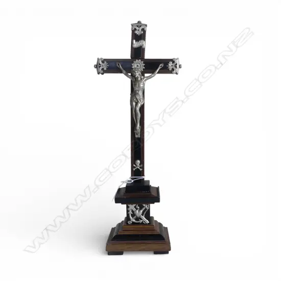 SMALL STANDING CRUCIFIX, TIMBER WITH SILVERED METAL, CROSS LOOSE 370 x 140mm