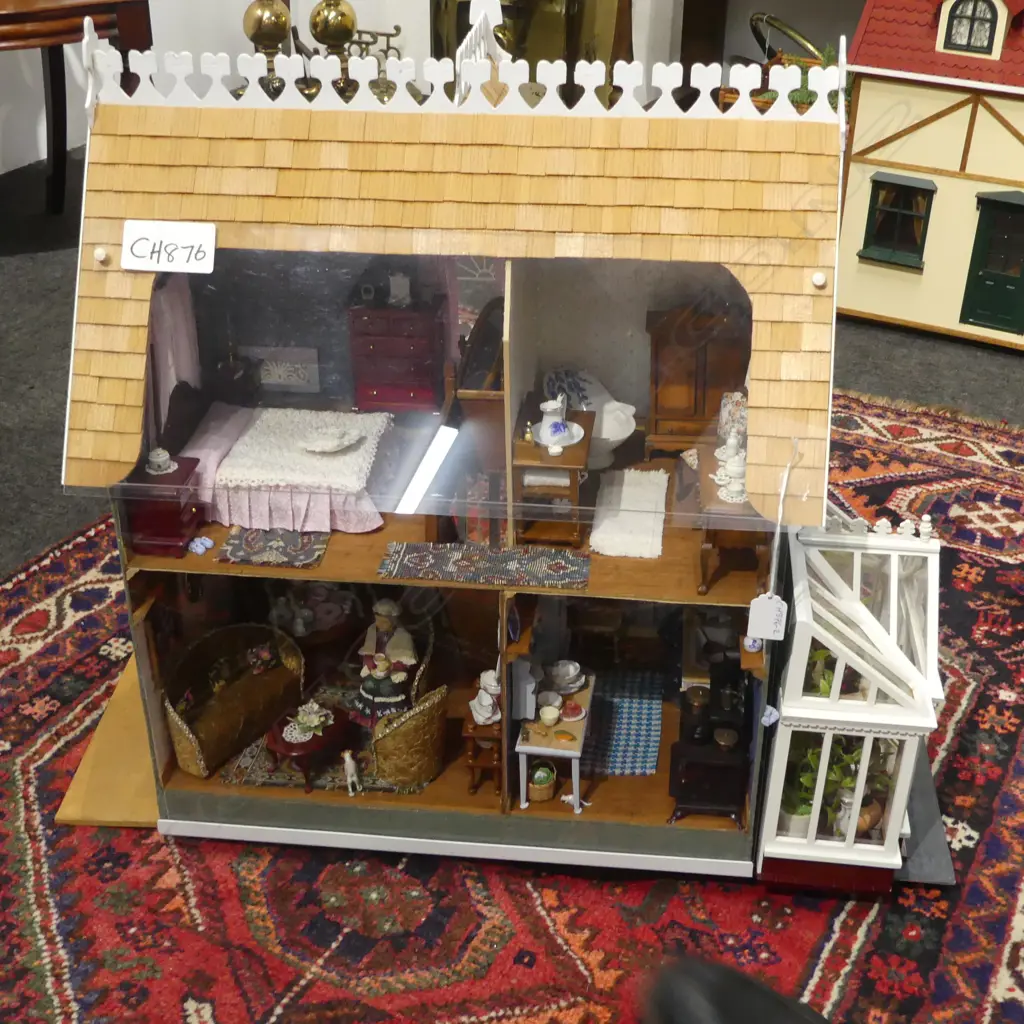 VICTORIAN STYLE DOLLS HOUSE Full facade, two floor,  rear open with clear plastic screen, on swivel base H.620mm Image 1++