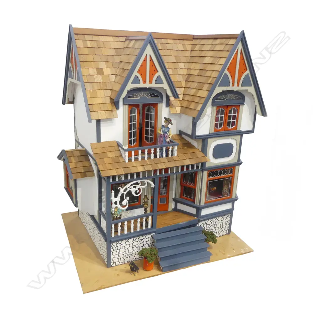 VICTORIAN STYLE DOLLS HOUSE Full facade, three floor, rear open with clear plastic screen, on swivel base H.755mm Image 1++