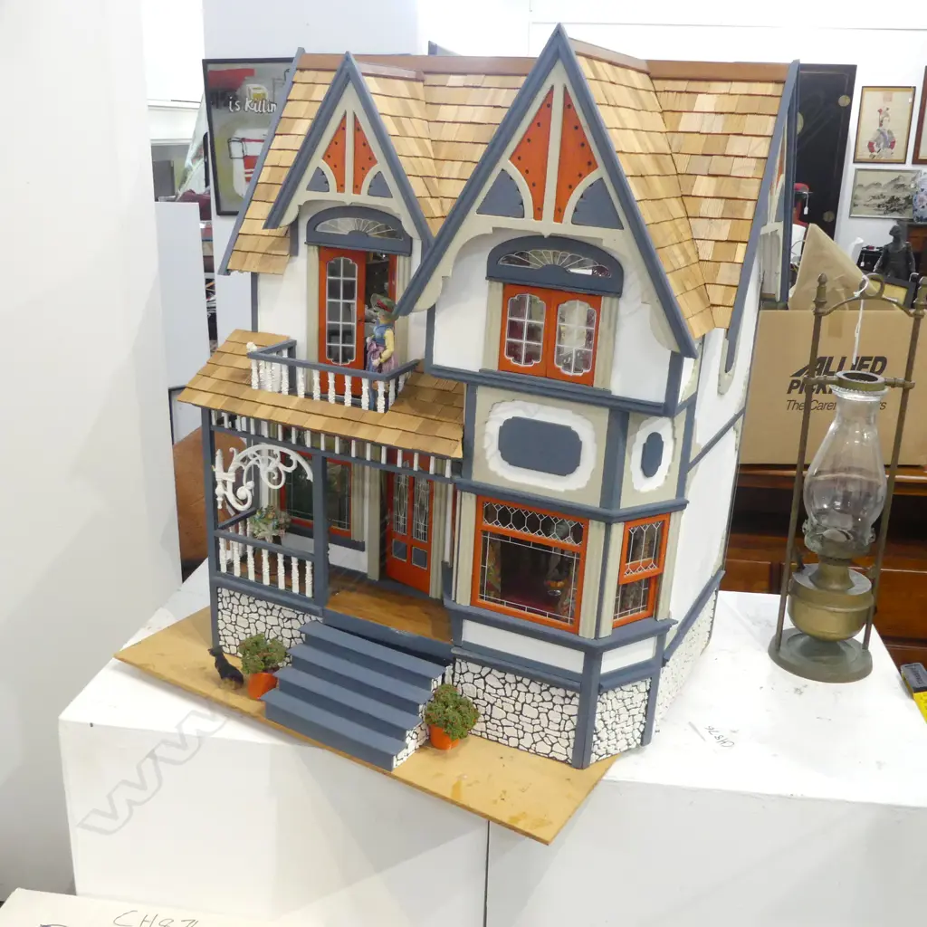 VICTORIAN STYLE DOLLS HOUSE Full facade, three floor, rear open with clear plastic screen, on swivel base H.755mm Image 1++