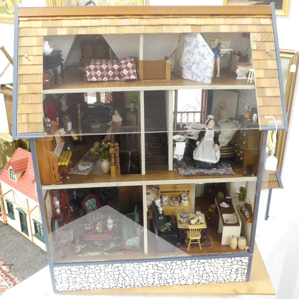 VICTORIAN STYLE DOLLS HOUSE Full facade, three floor, rear open with clear plastic screen, on swivel base H.755mm Image 1++