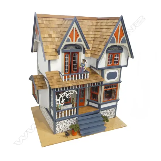 VICTORIAN STYLE DOLLS HOUSE Full facade, three floor, rear open with clear plastic screen, on swivel base H.755mm