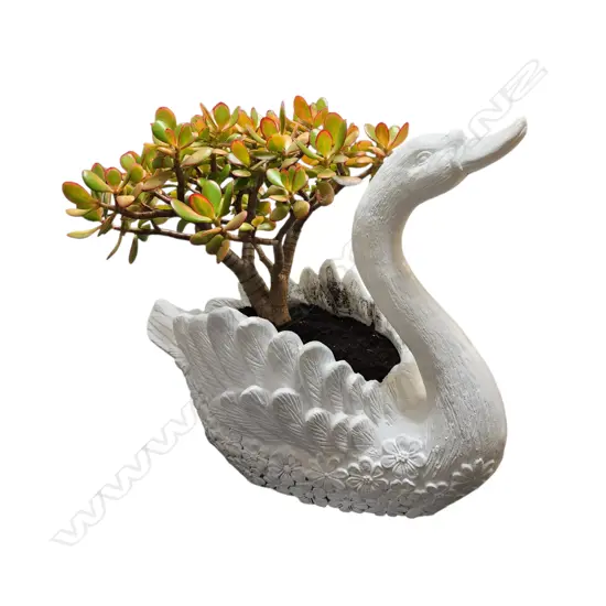 WHITE SWAN-SHAPED FIBERGLASS PLANTER WITH A JADE PLANT