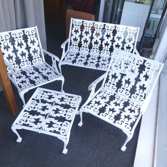 4 PCE WHITE METAL PATIO SET; SOFA, PR ARMCHAIRS, COFFEE TABLE