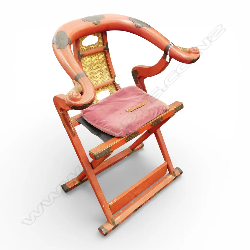 CHINESE ANTIQUE RED LACQUER FOLDING THRONE CHAIR H1040 Image 1++