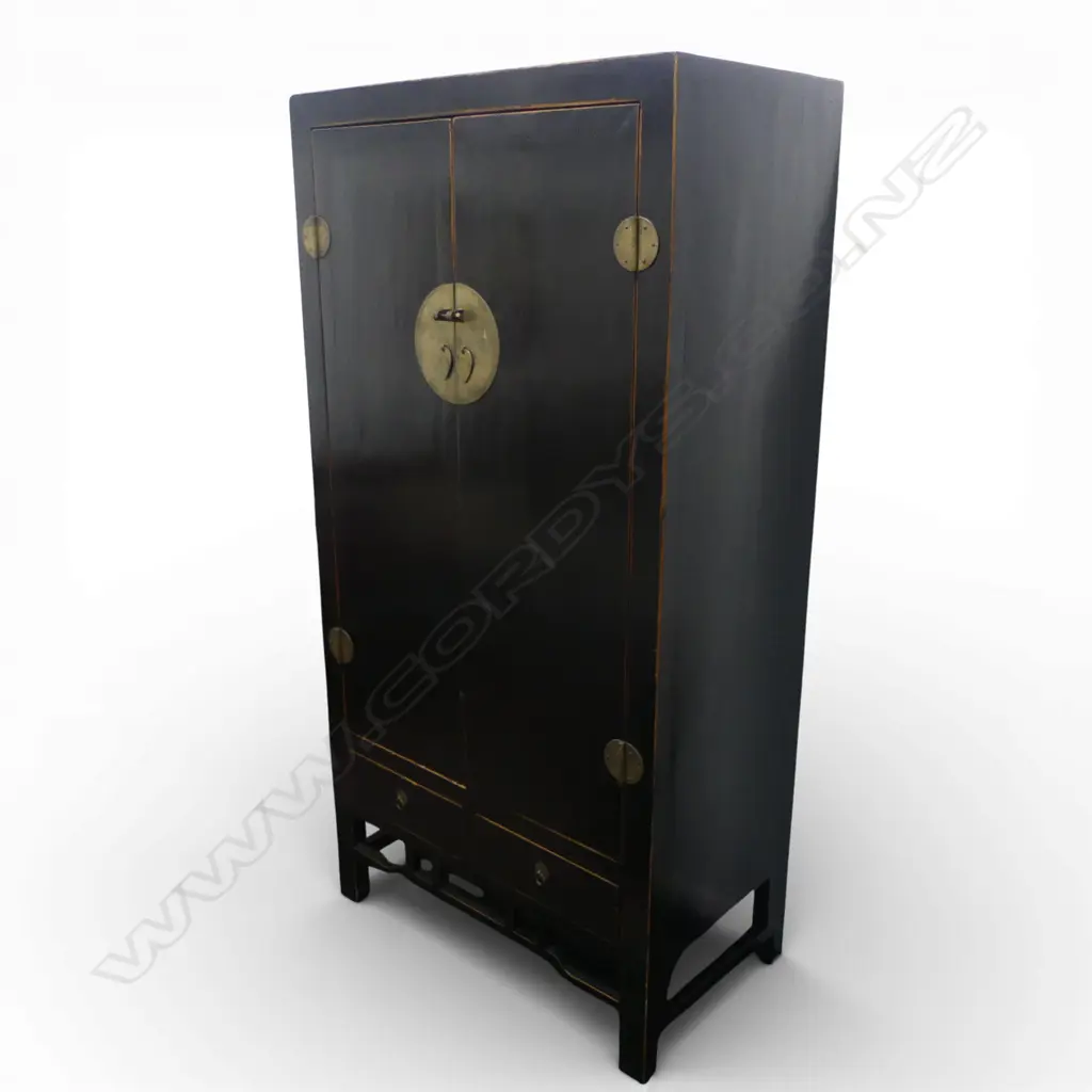 CHINESE DISTRESS BLACK LACQUER WEDDING CABINET / TALL 2 DOOR CUPBOARD above drawers. H.2030mm. W.1035mm Image 1++