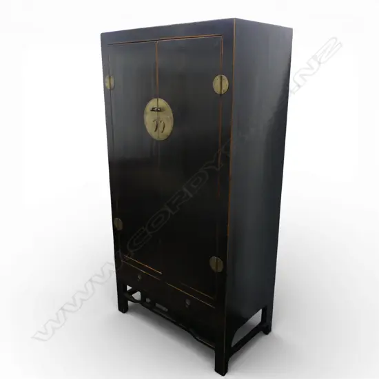 CHINESE DISTRESS BLACK LACQUER WEDDING CABINET / TALL 2 DOOR CUPBOARD above drawers. H.2030mm. W.1035mm