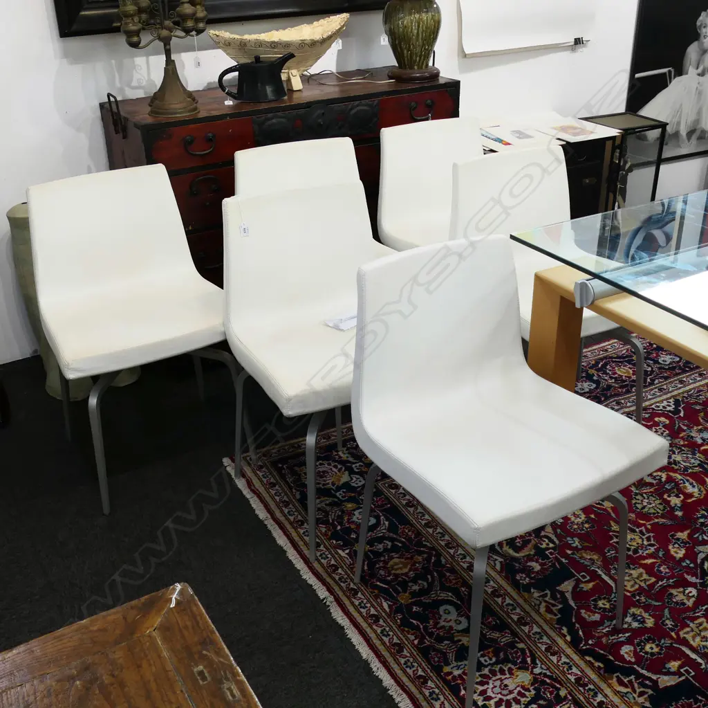 6  MODERN WHITE VINYL DINING  CHAIRS ON SWIVEL BASES STAMPED 'ATELIER' Image 1++