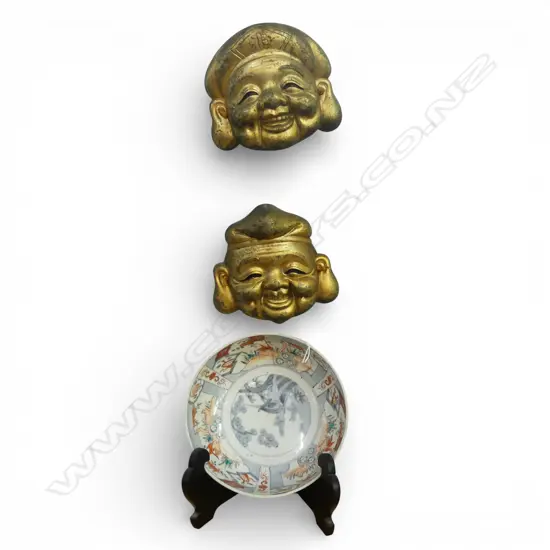 2 ORIENTAL GILT METAL WALL MASKS + BOWL 185mm dia