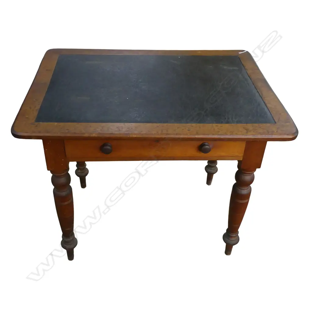 EARLY 20th TABLE w. 1 DRAWER & LEATHER TOP 915x680x730mm OLD BORER SIGN Image 1++