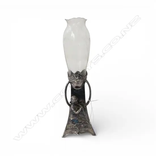 WMF ART NOUVEAU SILVER PLATE VASE STAND with original glass insert (chip to rim) H.325mm