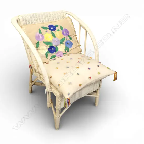 CREAM PAINTED  LLOYD LOOM CANE CHAIR WITH BRIGHT EMBROIDED CUSHIONS