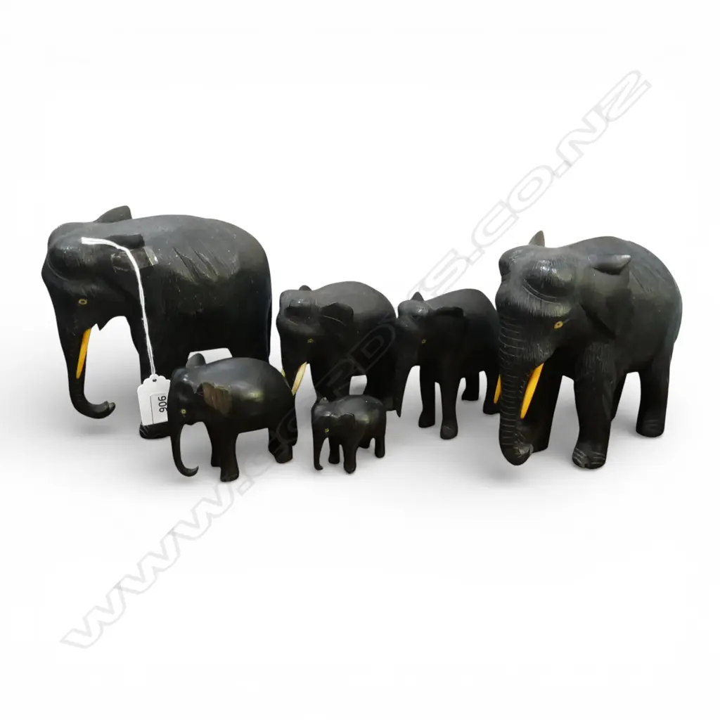 SET OF 5 EBONY ELEPHANTS + 2 OTHER ELEPHANTS some trunks missing H.150mm Image 1++
