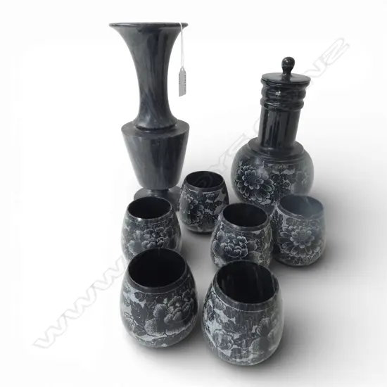 CARVE BLACK MARBLE VASE + DECANTER & 6 GLASSES small faults
