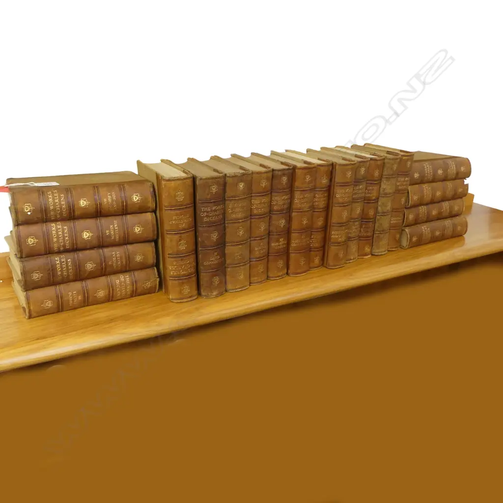 COLLECTION OF 20 VOLUMES of EARLY 20thC BOOKS 'THE WORKS OF CHARLES DICKENS' leather bound spines Image 1++