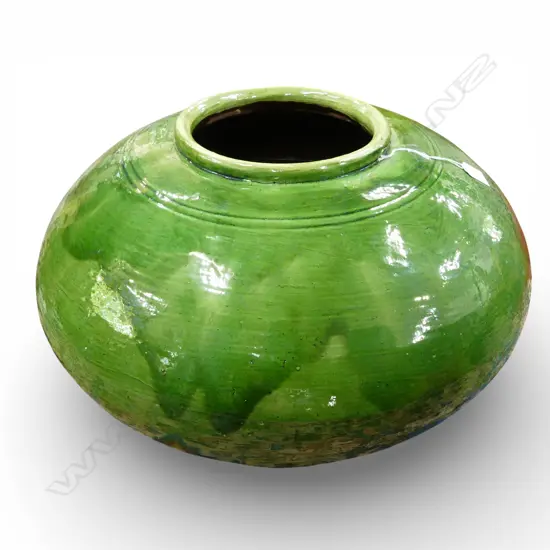 LGE GREEN mottled GLAZED pottery GARDEN POT wide circular form. Dia.550mm. H.360mm.