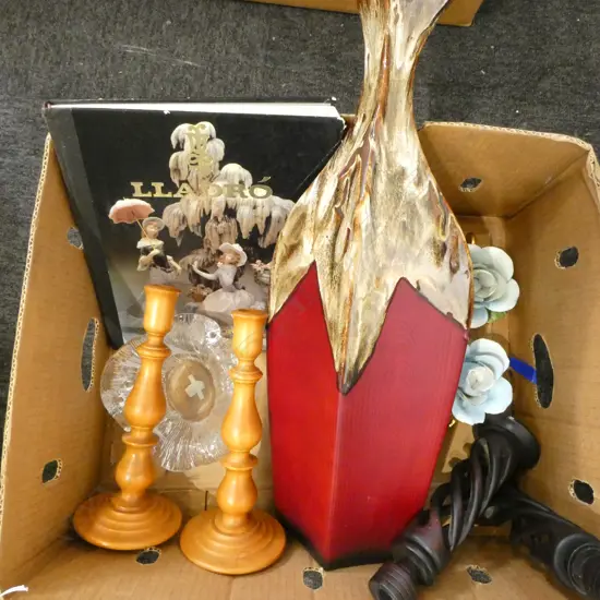 LLADRO BOOK, LG CERAMIC VASE, 3 PRS CANDLESTICKS