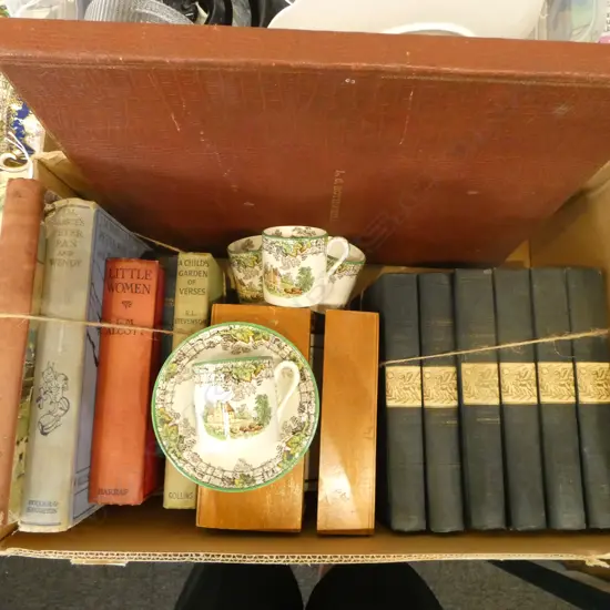 VINTAGE CHILDRENS BOOKS, BOUND LONDON NEWS REIGN OF VICTORIA, 6 VOLS BIOGRAPHIES, BOX w. INDEX CARDS, 6 SPODE BYRON C/S