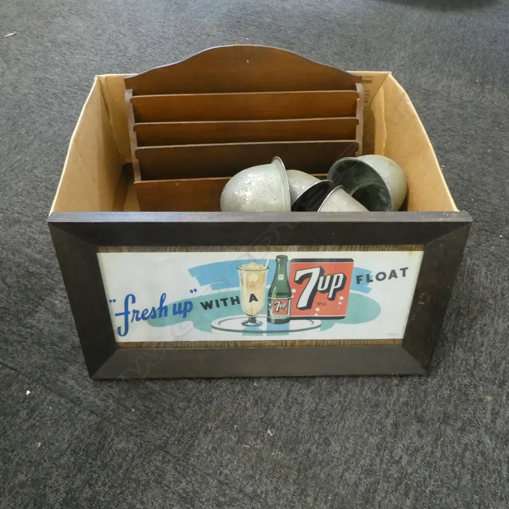 WOODEN LETTER RACK, DISPLAY CASE, FRAMED 7UP ADVERT ETC Image 1++
