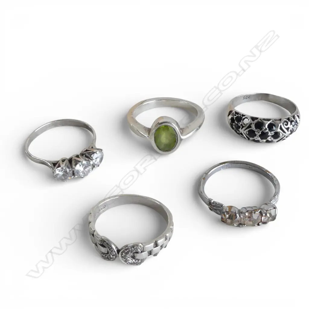 5 SILVER RINGS, CZ & PERIDOT Image 1++