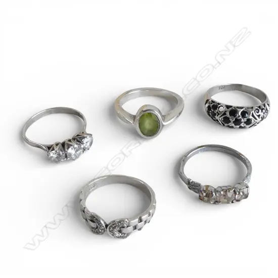 5 SILVER RINGS, CZ & PERIDOT