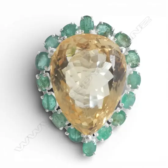 V. LRG SILVER CITRINE & EMERALD RING SIZE T