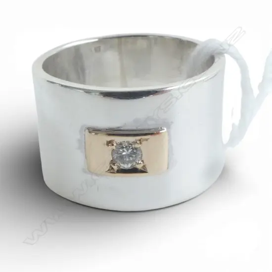 Handmade STERLING & 9ct GOLD WIDE RING TDW 0.10ct  9.6gms Size O as new