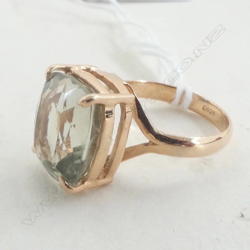 SILVER GILT CUSHION CUT PRESOLITE (Green Amethyst) RING size P Image 1++