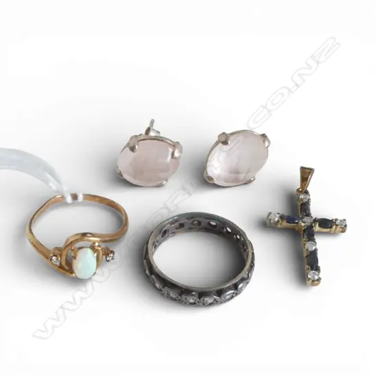 9CT OPAL & DIAMOND RING faults, 1.6gms + PR STG & PINK QUATZ EARRINGS, GP CROSS PENDANT & RING