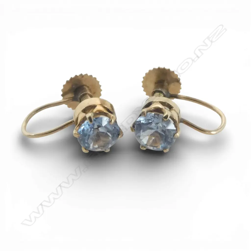 9ct PALE BLUE TOPAZ STONE EARRINGS, SCREW BACKS, 1.74gm Image 1++