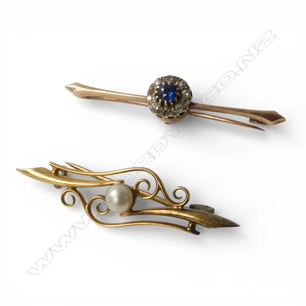 2 ANTIQUE 15ct GOLD BAR BROCHES; PEARL, SAPPHIRE & DIAMOND, TW 6.80gms Image 1++