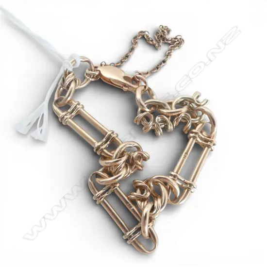 c1900 9ct ROSE GOLD FANCY banded RAIL LINK BRACELET w modern 9ct clasp 16.75gms