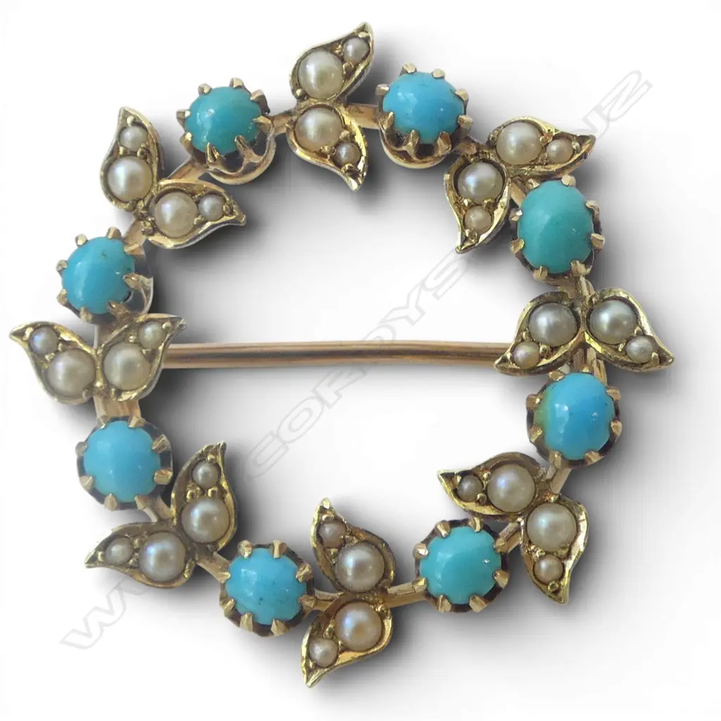 15ct GOLD, SEED PEARL & TURQUOISE BROOCH 3.83gms Image 1++