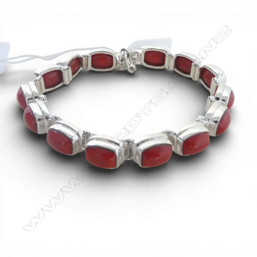 SILVER & CORAL CABOCHON BRACELET Image 1++