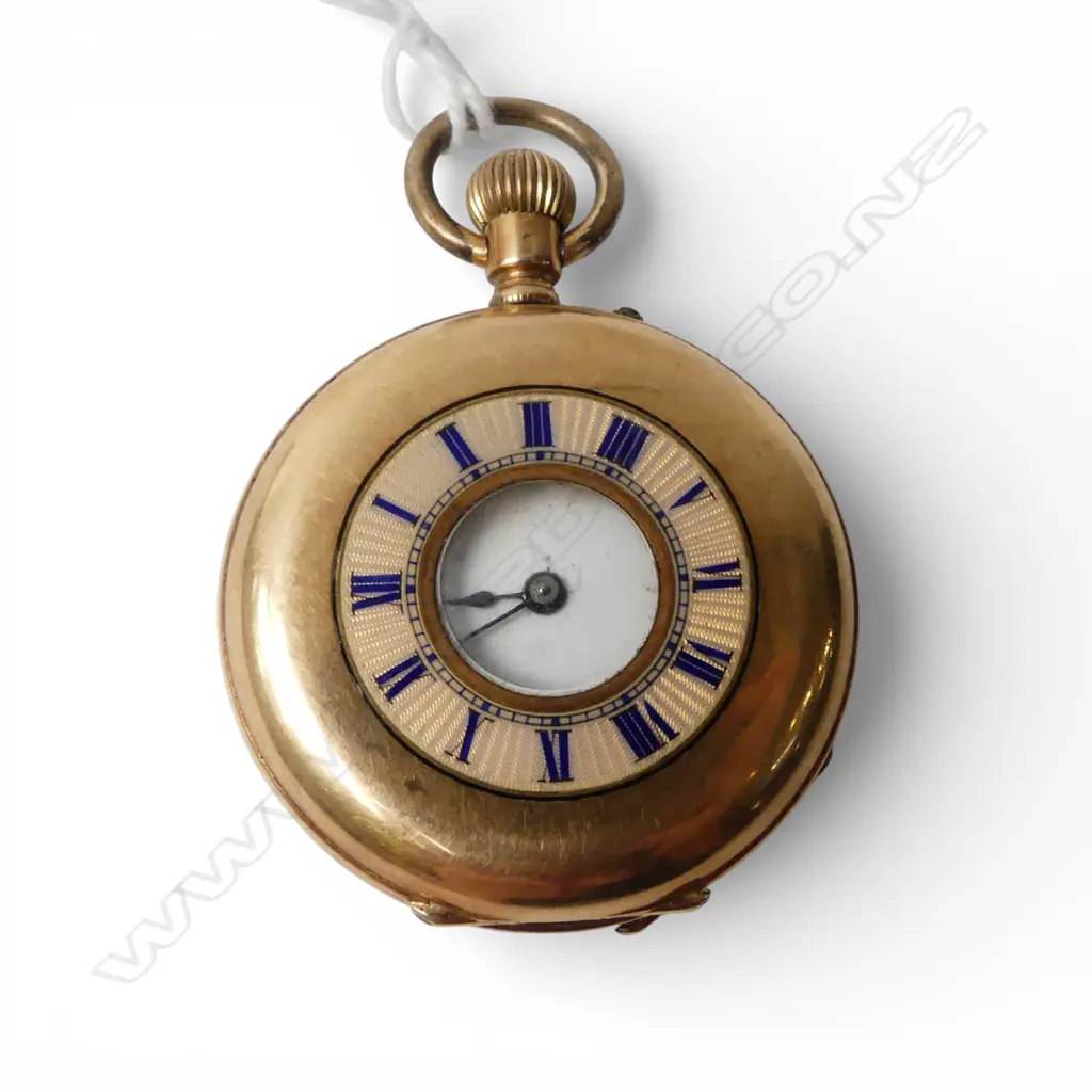 LADIES HALF HUNTER 14ct GOLD POCKET WATCH w. ENAMEL CHAPTER RING 35.73gms Image 1++