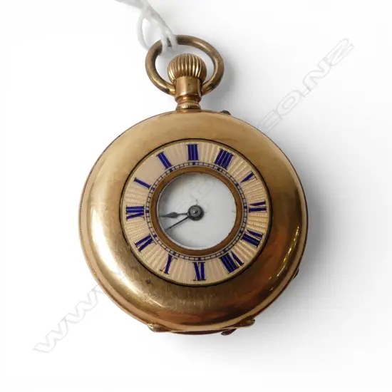 LADIES HALF HUNTER 14ct GOLD POCKET WATCH w. ENAMEL CHAPTER RING 35.73gms