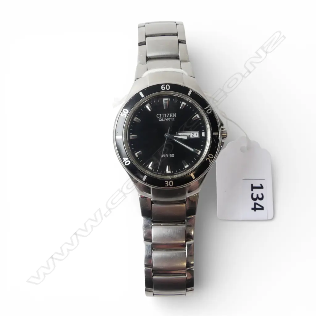 CITIZEN BK3560-61E QUARTZ GENT'S WRISTWATCH black dial & silver toned stainless not running Image 1++