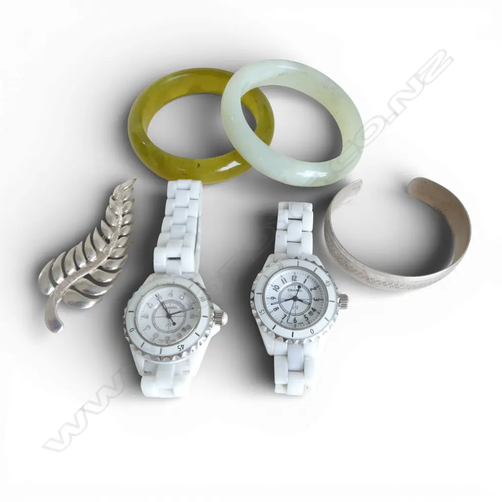 3 PCES SILVER JEWELLERY; 925 PENDANT & FERN BROOCH 14gms, 800 BANGLE 15gms, 2 FASHION WRIST WATCHES, 2 GLASS BANGLES Image 1++