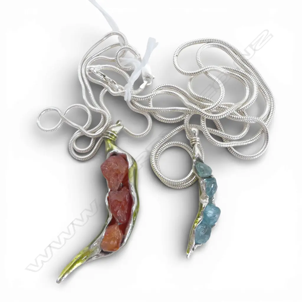 2 SIMON MISDALE SILVER AND GEMSTONE PEAPOD PENDANTS ON SILVER CHAINS BLUE ZIRCONS & CARNELIAN (retail $130 each)  Image 1++