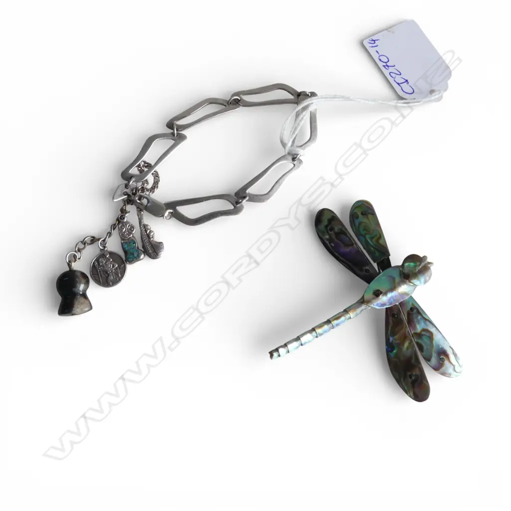 SILVER LINK BRACELET with four charms incl. stg silver tiki 46.05gms + DRAGON FLY BROOCH Image 1++