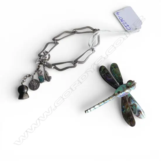 SILVER LINK BRACELET with four charms incl. stg silver tiki 46.05gms + DRAGON FLY BROOCH