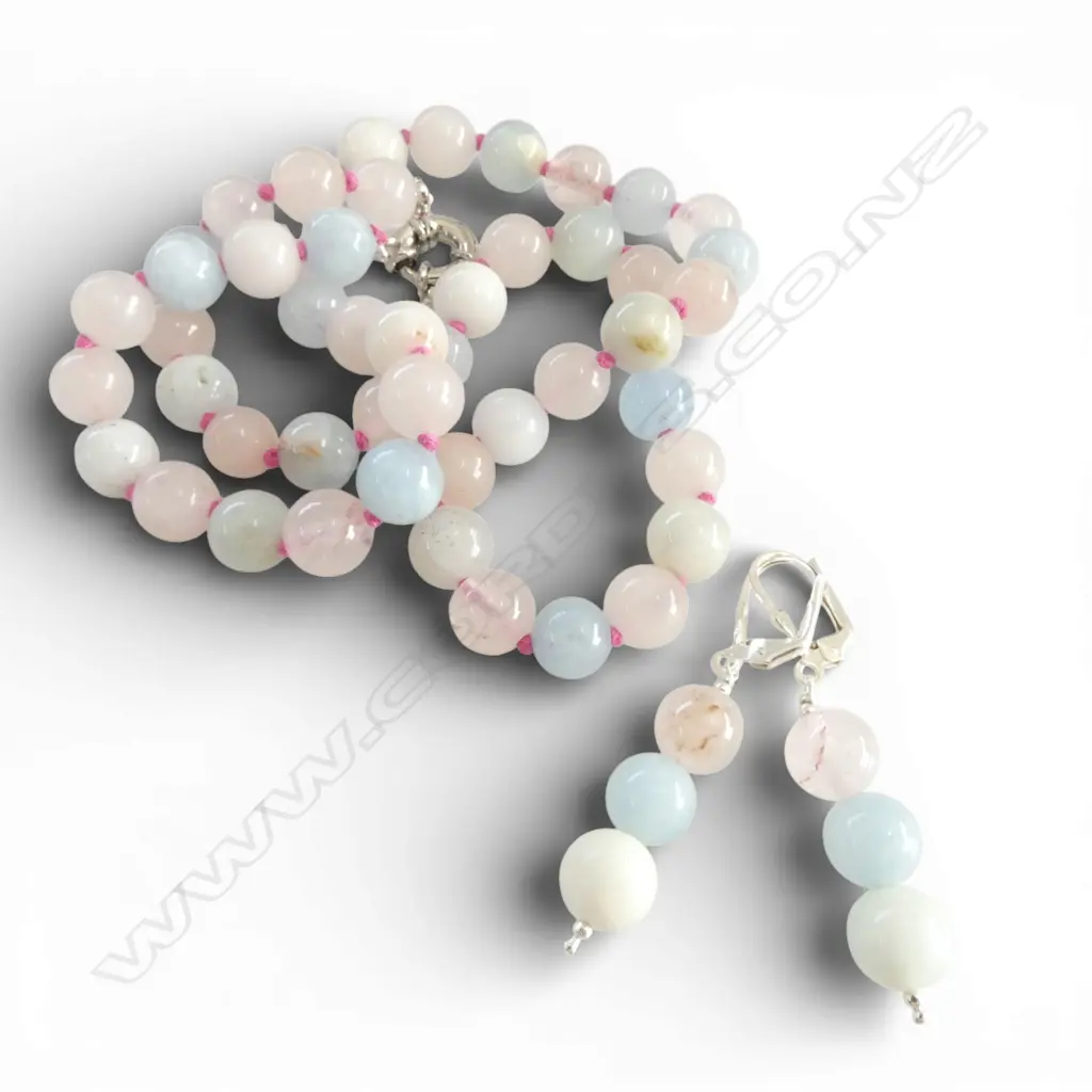 MORGANITE BEAD NECKLACE & EARRING SET silver continental locks Image 1++