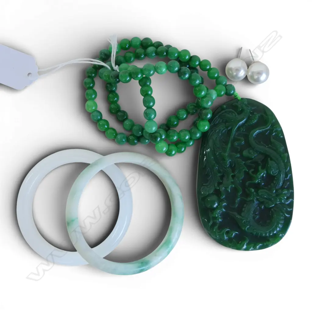 2 JADE? BANGLES + PENDANT NECKLACE + PR LARGE FAUX PEARL STUD EARRINGS Image 1++
