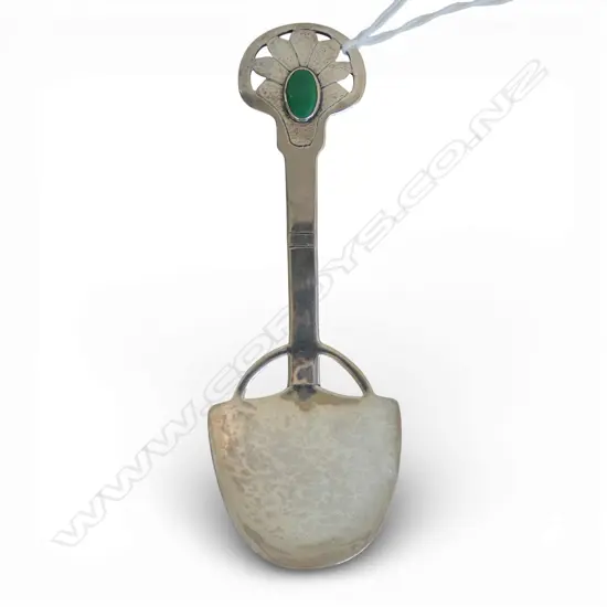 ARTS & CRAFTS SILVER SPOON with green jewelled handle. Unsigned.  Possibly Reuben Watts or Alfred Atkinson L.130mm.