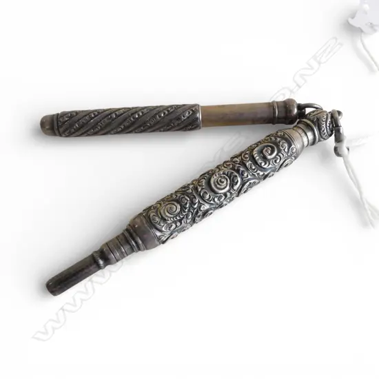 2 ANTIQUE STERLING SILVER FANCY PROPELLING PENCILS 33gms