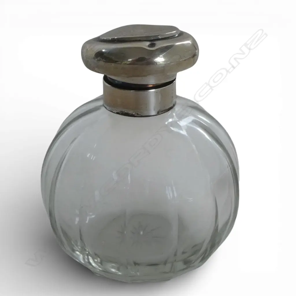 SILVER HINGED TOP GLASS PERFUME BOTTLE lid slightly squashed. Birmingham 1922. H.105mm.   Image 1++